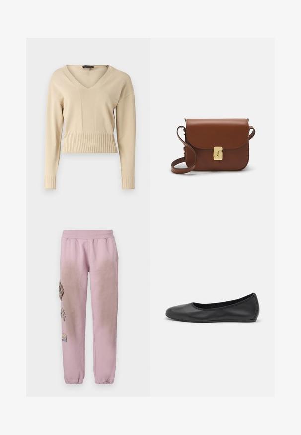 Beige knitted pullover featuring a V-neck, long sleeves, and ribbed hem and cuffs. The fabric has a smooth texture.; Pink sweatpants with an elastic waistband, featuring decorative patches in diamond shapes on the left side and elastic cuffs at the ankles.; Black leather ballet flat with a rounded toe, smooth texture, minimal stitching detail, and a flexible sole design.; Brown leather handbag with a flap closure, gold-tone hardware, a shoulder strap, and a smooth texture. Compact rectangular shape.