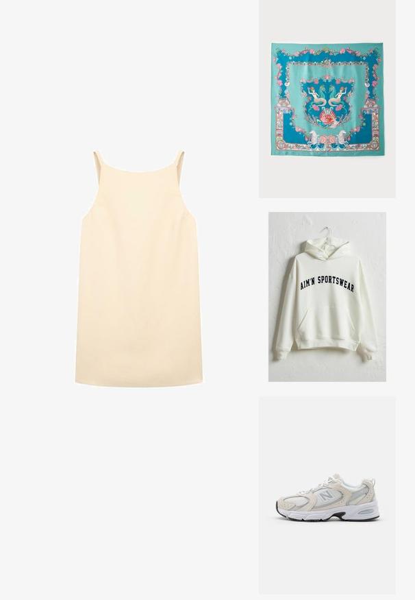 Cremfarbener Kapuzenpullover mit einer vorderen Kängurutasche und navyfarbener Schrift "AIM'N SPORTSWEAR" in gewölbtem Stil. Weicher Stoff, lockere Passform.; Beige ärmelloses Kleid mit lockerer Passform, aus glattem Stoff gefertigt, mit dünnen Schulterträgern und geradem Saum.; Sportlicher Schuh mit einem hellgrauen Mesh-Obermaterial und Wildlederakzenten, weißen Schnürsenkeln und einer schwarzen Gummisohle. Auffälliges ABZORB-Dämpfungselement.; Türkisfarbener Seidenschal mit komplizierten maritimen Motiven, darunter Meerjungfrauen, Muscheln und Korallen, eingerahmt von einem dekorativen Rand.; Geflochtene Strohtasche in breiter, sich verjüngender Form mit zwei schwarzen Ledergriffen. Natürliche beige Farbe mit strukturierter Oberfläche.