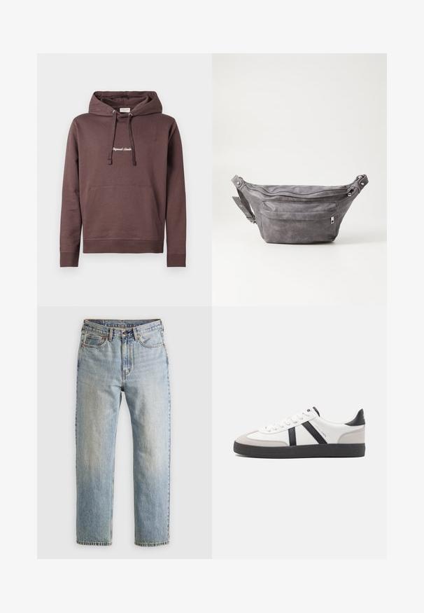 Rjavi pulover s kapuco z sprednjim kenguru žepom, nastavljivo kapuco z vrvico in vezenim napisom na prsih. Tkanina iz bombažne mešanice.; Svetlo modri džins hlače z visokim pasom, sprednjim gumbom, zadrgo in petimi žepi, laid flat na nevtralni podlagi.; Bela športna obutev z črnimi in sivo akcenti, z teksturirano sivo kapico za prste, črnim gumijastim podplatom in ravnimi belimi vezalkami. Čista zasnova, minimalistični slog.; Sivkasta zamšasta torbica s okroglo obliko, dvema žepoma na zadrgo in nastavljivim trakom. Ima kovinske dodatke.