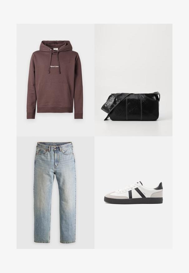 Brown pullover hoodie with a front kangaroo pocket, adjustable drawstring hood, and embroidered text on the chest. Cotton blend fabric.; Light blue denim jeans with high waist, front button, zipper, and five-pocket design, laid flat on a neutral background.; White sneaker with black and gray accents, featuring a textured gray toe cap, black rubber sole, and flat white laces. Clean design, minimalist style.; Black leather shoulder bag with a zip closure, featuring a textured body, white stitching, and a strap with silver grommets.