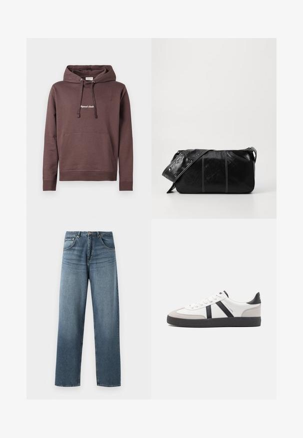 Hanorac cu glugă de culoare maro, cu un buzunar tip cangur în față, glugă cu snur ajustabil și text brodat pe piept. Material din amestec de bumbac.; Jeans din denim albastru cu picioare drepte și umplutură decolorată, având un design cu cinci buzunare, nasture metalic și bucle pentru curea. Material structurat, de greutate medie.; Sneaker alb cu accente negre și gri, având un capac de vârf gri texturat, talpă din cauciuc negru și șireturi plate albe. Design elegant, stil minimalist.; Geantă de umăr din piele neagră cu închidere cu fermoar, având un corp texturat, cusături albe și o curea cu ochiuri argintii.