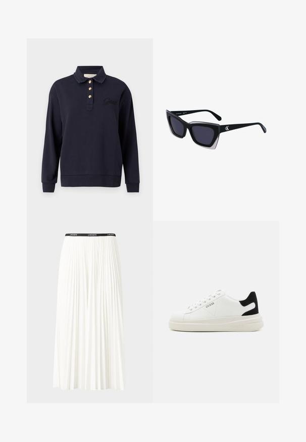 Sweatshirt bleu marine avec col polo, trois boutons dorés et logo de la marque brodé. Manches longues avec poignets et ourlet côtelés. Texture douce.; Jupe plissée blanche avec une taille élastique noire portant le logo "LACOSTE". Design mi-long avec une texture douce.; Baskets en cuir blanc avec une épaisse semelle blanche, un accent en daim noir au niveau du talon et un logo embossé sur le côté. Design à lacets avec six œillets.; Lunettes de soleil noires surdimensionnées avec une forme géométrique, dotées de verres foncés et d'un détail gris contrastant sur la monture. Logo sur la branche.