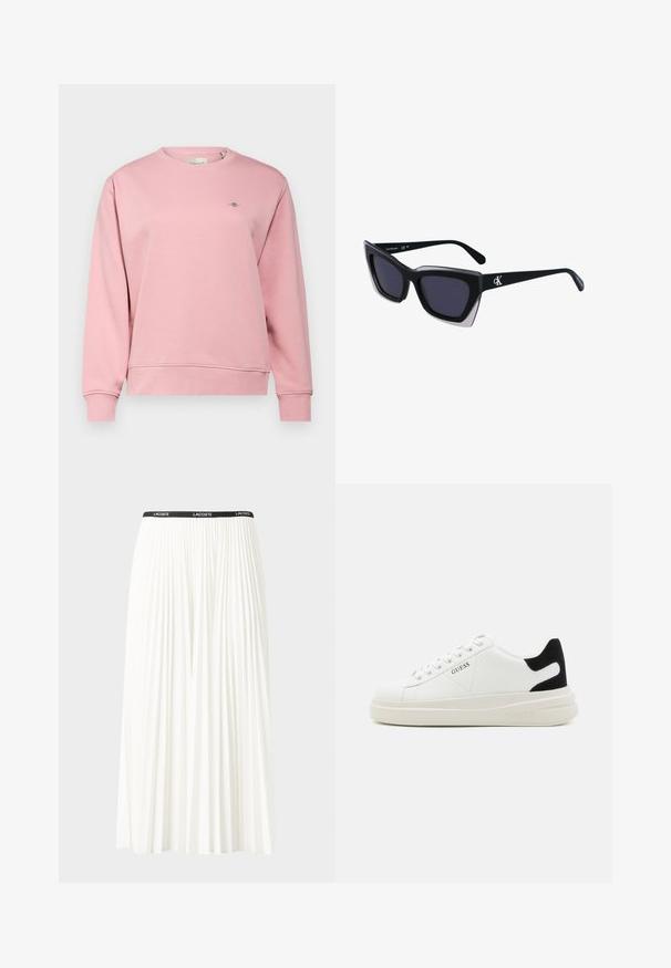 GANT SHIELD C NECK - Sudadera - dusty pink; Falda blanca plisada con una cinturilla elástica negra que presenta el logotipo "LACOSTE". Diseño de longitud media con textura suave.; Zapatillas blancas de cuero con una suela blanca gruesa, acento en el talón de ante negro y logo grabado en el lateral. Diseño de cordones con seis ojales.; Gafas de sol negras de gran tamaño con una forma geométrica, que presentan lentes oscuros y un detalle gris contrastante en la montura. Logo en la pata.
