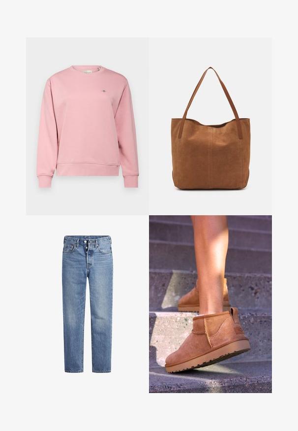 GANT SHIELD C NECK - Bluză de molton - dusty pink; Jeans din denim de un albastru deschis, cu croi drept, design cu cinci buzunare și închidere cu buton. Prezintă decolorări subtile și cusături accentuate de culoare portocalie.; Botine bej din suede cu o textură moale, detalii cusute și o talpă din cauciuc, având un călcâi cu buclă pentru o utilizare ușoară.; Geantă tote din suede maro, cu două mânere lungi, caracterizată printr-o textură netedă, un design simplu și fără accesorii sau elemente metalice vizibile.