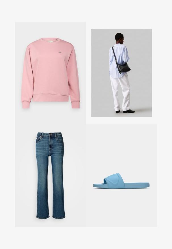 GANT SHIELD C NECK - Pusa - dusty pink; Kõrge vöökohaga sinised teksad, mis on valmistatud denimist, sirge jalaga disain, kerge pleekimine ning tavaline nööp ja tõmblukk.; Heledsinine libisemis sandaal, mis on valmistatud sileda kummist, koos reljeefse logoga rihmal ja tasase, tekstuuriga tallaga.; Must have mustras alasi nahkpatsi, pehme tekstuuriga, kolmnurkse kujuga ja reguleeritava rihmaga, koos helesinise triibulise särgi ja valgete pükstega.