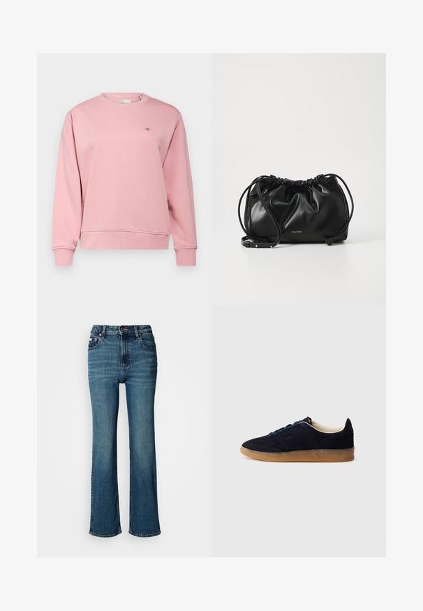 GANT SHIELD C NECK - Sweater - dusty pink; Hogwaardige blauwe jeans van denim, met een rechtzittend ontwerp, subtiele vervaging en een standaard knoop- en ritssluiting.; Marineblauwe suède sneaker met een buitenzool van gumrubber, blauwe veters en een minimalistisch design. Heeft een geperst logo aan de zijkant en een gladde binnenvoering.; Zwarte leren handtas met geplooid ontwerp, dubbele trekkoordsluiting en afneembare schouderband. Voorzien van metallic logo detail.
