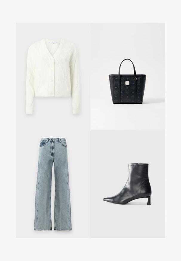 Cárdigan blanco de punto con escote en V, cierre de botones y patrón de rombos texturizado. Largo cropped con puños y dobladillo acanalados.; Jeans de tiro alto en denim de color azul claro, con un corte amplio, ligero desgaste y un ajuste holgado con piernas rectas.; Botín de cuero negro hasta el tobillo con punta afilada y un diseño elegante. Presenta un tacón bajo y un cierre con cremallera en la parte trasera. Textura suave.; Bolso tote de cuero negro con acabado texturizado, que presenta asas duales y un acento de logo cuadrado. Un patrón de monograma cubre el exterior.