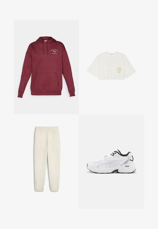 Haut à capuche bordeaux en mélange de coton, avec une poche kangourou, un capuchon avec cordon de serrage et un logo brodé sur la poitrine. Texture lisse.; T-shirt blanche coupée en coton à manches courtes, avec un graphique d'arbre palmier jaune et d'onde bleue sur la poitrine gauche.; Pantalons de survêtement beige clair en tissu doux, avec une taille élastique, des chevilles resserrées et un petit logo blanc sur le côté.; Baskets de sport blanches avec une tige en mesh, des accents noirs, un revêtement texturé et une semelle rembourrée pour plus de confort et de soutien.