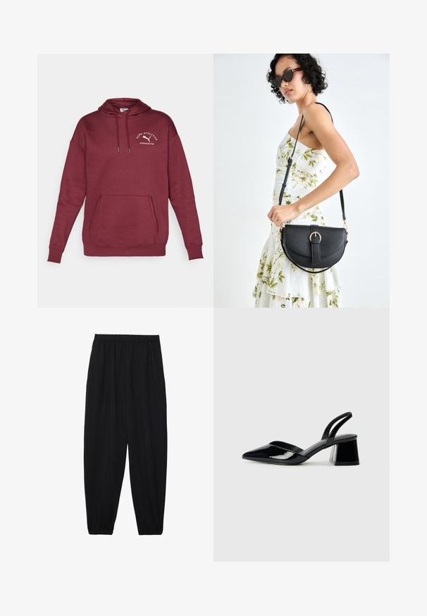 Maroon hoodie made of cotton blend, featuring a kangaroo pocket, drawstring hood, and embroidered logo on the chest. Smooth texture.; Black, lightweight pants with an elastic waistband and gathered ankles. The fabric is smooth and features a relaxed, tapered design.; Black patent leather slingback heels with a pointed toe and a geometric block heel. Features a sleek, minimal design and smooth texture.; Black leather handbag with a curved shape, detachable strap, and gold hardware. The bag features a flap with a buckle detail.