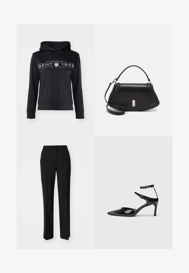 Svart hettegenser med en frontlomme. Har trykt tekst "NEW HAVEN CONNECTICUT GANT 1949 AMERICAN SPORTSWEAR" og et skjolddesign.; Sorte skreddersydde bukser med rett silhuett, med en glatt tekstur og klare pressede bretter foran. Ingen synlig maskinvare.; Sorte lakkede hæle med spids tå, justerbare ankelstropper og en slank hæl. Glat tekstur med en skinnende overflade.; Sort lærveske med en strukturert design, som har en avkortet form, topphåndtak og detaljer i gull. Justerbar skulderstropp inkludert.