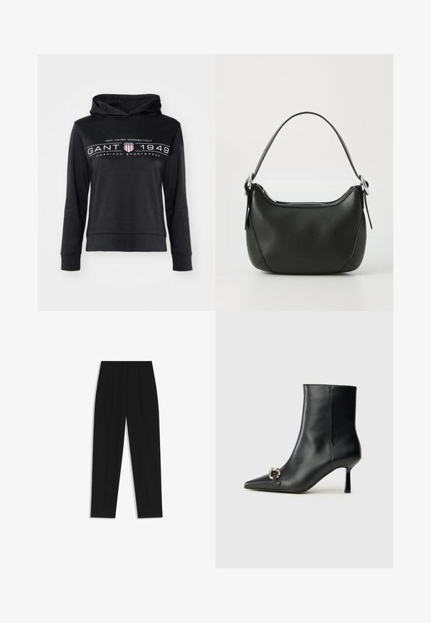 Svart huvtröja med en framficka. Har tryckt texten "NEW HAVEN CONNECTICUT GANT 1949 AMERICAN SPORTSWEAR" samt en skölddesign.; Svarta byxor med rak passform, med dubbla fickor, en slät yta och en klassisk midje-design. Ingen synlig hårdvara eller detaljer.; Svart läderankelboot med spetsig tå, smal medelhög klack och silverfärgad spänndetalj på sidan mot en enfärgad bakgrund.; Svart läderhandväska med en böjd form, silverfärgad dragkedja och ett kort handtag. Har en diskret logga på framsidan och en slät yta.