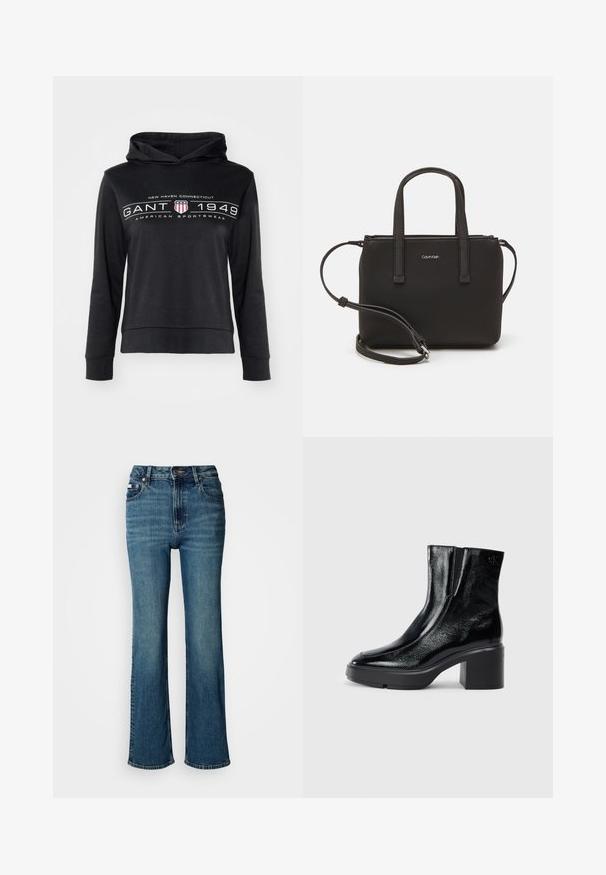 Melns kapucis ar priekšējo kangaroo kabatu. Iekļautas drukātas frāzes "NEW HAVEN CONNECTICUT GANT 1949 AMERICAN SPORTSWEAR" un vairoga dizains.; Augsta vidukļa zilie dūmu džinsi, kas izgatavoti no džinsa auduma, ar taisnu kāju dizainu, vieglu izbalējumu un standarta pogu un rāvējslēdzēja aizdari.; Melnas lakotas ādas potītes zābaki ar izliekto purngalu, elastīgām sānu paneļiem un masīvu blokveida papēdi. Aizmugurē ir izsistā logo.; Melns roku soma ar divām īsām rokturiem un noņemamu plecu siksnu. Gluda ādas līdzīga materiāla ar rāvējslēdzēja aizdari un logos detaļu.