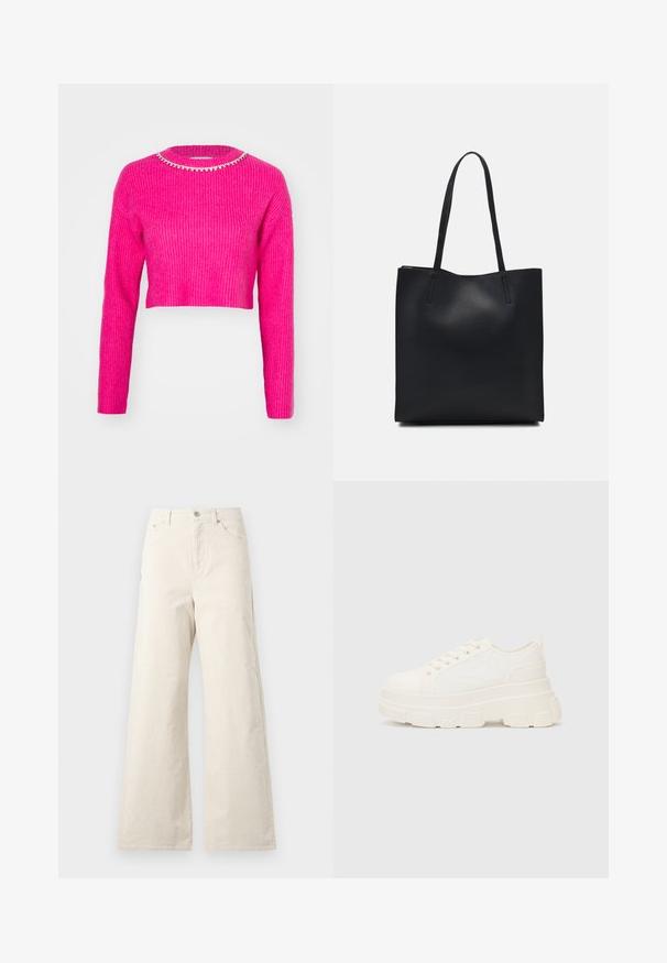 Fuchsia cropped sweater in ribbed knit, with long sleeves and a round neckline adorned with a sparkling beaded collar detail.; Beige wide-leg pants made of cotton, featuring a front button closure, side pockets, and a smooth texture. Minimalistic design with no patterns.; White canvas sneaker with a chunky sole, rounded toe, and five eyelets for laces. Back tab for easy wear. Smooth texture, minimalist design.; Black leather tote bag with smooth texture, rectangular shape, and two long handles. No visible hardware or embellishments.
