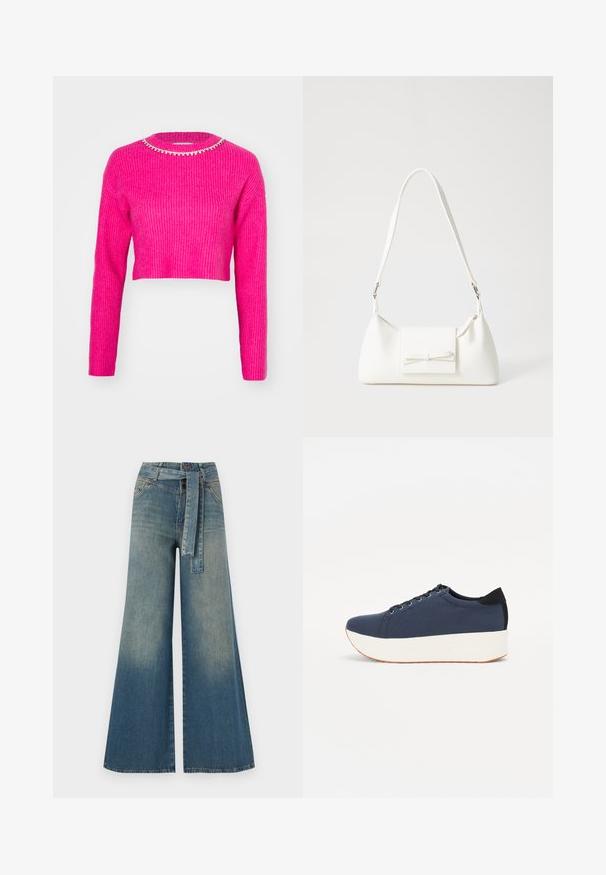 Fuksijos spalvos sutrumpintas megztinis su raukšlėta tekstūra, ilgiems rankovėms ir apvaliu kaklu, puoštu blizgučių detalėmis.; Platus džinsinis kelnes su šviesiai tamsiai mėlynu gradientu, aukštu juosmeniu, diržo kilpomis ir atitinkančiu audinio diržu. Textūruotas džinsinis paviršius.; Tamsiai mėlynas sportinis batelis su tekstūruotu audiniu viršuje, baltu platformos padu, apvaliu pirštu ir juodu kulno akcentu.š. Yra šešios skylės raišteliams.; Balta sintetinė rankinė trikampio formos, plokščiu priekiu su užsegimu, kaspino detale, reguliuojama dirželiu, lygia tekstūra ir minimalistišku dizainu.