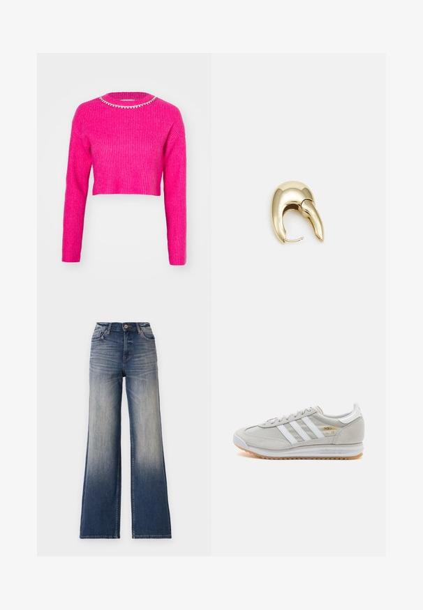 Fuchsia verkürzter Pullover aus Rippstrick, mit langen Ärmeln und einem runden Ausschnitt, verziert mit einem funkelnden, mit Perlen besetzten Kragen.; Hochtaillierte, weit geschnittene Jeans in hellblau bis dunkelblauem Denim mit Ausbleichungen, ausgestattet mit einem Knopfverschluss und Gürtelschlaufen. Sauberer Saum und keine sichtbaren Verzierungen.; Hellgraue Sneaker aus Wildleder und Mesh, mit drei weißen Streifen, runder Zehenpartie und einer Sohle aus Gummi. Goldenes Logo-Detail nahe der Schnürsenkel.; Ohrringe aus goldfarbenem Metall mit einem schlanken, geschwungenen Design. Sie verfügen über eine markante, spitze Form, eine polierte Oberfläche und einen Scharnierverschluss.