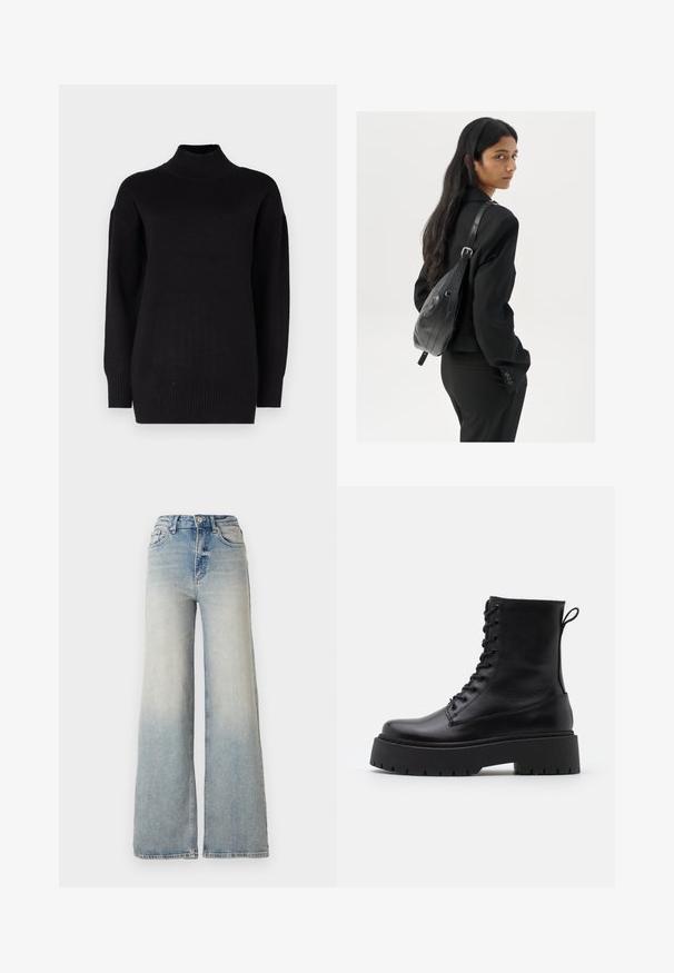 Svart stickad tröja med hög krage, långa ärmar och ribbade muddar. Slät textur med en lös passform och minimala sömnadsdetaljer.; Ljusblå vida jeans gjorda av denim, med hög midja, fem fickor och synlig sömnad längs sömmarna.; Svarta läderankelboots med rund tå, snörning framtill och en tjock gummisula med strukturerat mönster. Dragflik bak.; Kvinna med långt mörkt hår, klädd i en svart dräkt, bärandes en svart läderaxelväska, tittar över axeln mot en vit bakgrund.