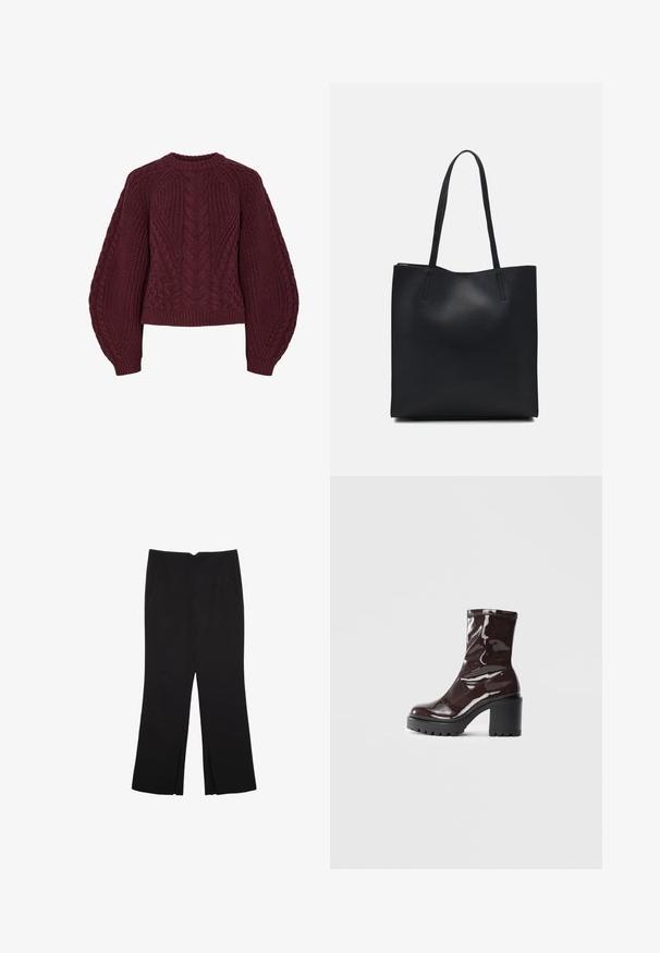 Burgunderfarbener Strickpullover mit strukturierten Zopfmustern, Rundhalsausschnitt und Puffärmeln. Gerippte Bündchen und Saum betonen das Design.; Schwarze Hose mit geradem Schnitt, ausgestattet mit Fronttaschen und Seitenschlitzen am Saum. Hergestellt aus weichem, glattem Stoff. Geeignet für verschiedene Anlässe.; Glatte bordeauxrote Ankle Boots mit einem klobigen schwarzen Absatz, die eine glatte Oberfläche und ein einfaches Design aufweisen. Keine sichtbaren Verschlüsse oder Muster.; Schwarze Laptoptasche aus Leder mit glatter Textur, rechteckiger Form und zwei langen Griffen. Keine sichtbaren Beschläge oder Verzierungen.