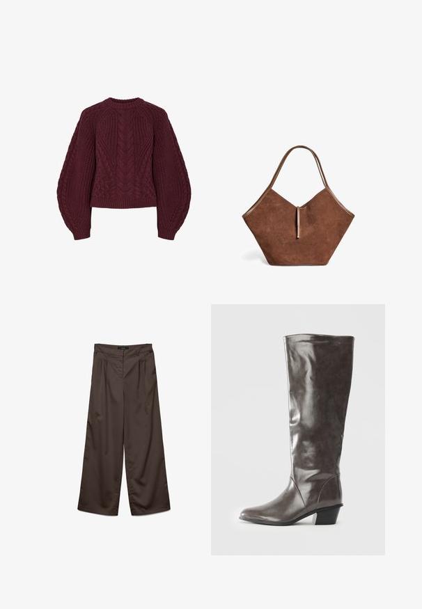Bordeaux gebreide trui met textuur kabelpatronen, ronde hals en opgeblazen mouwen. Ribboorden bij de cuffs en de zoom accentueren het ontwerp.; Brede broek in donkerbruin stof met een gladde textuur. Kenmerken zijn onder meer plooien aan de voorkant en een standaard tailleband.; Hoge dameslaars van donkergrijs leer met een middelhoge hak en een afgeronde neus, weergegeven vanuit de zijkant op een witte achtergrond.; Bruine suède tote bag met leren accenten en een dunnere sluiting, met een zachte, brede en iets hoekige vorm.