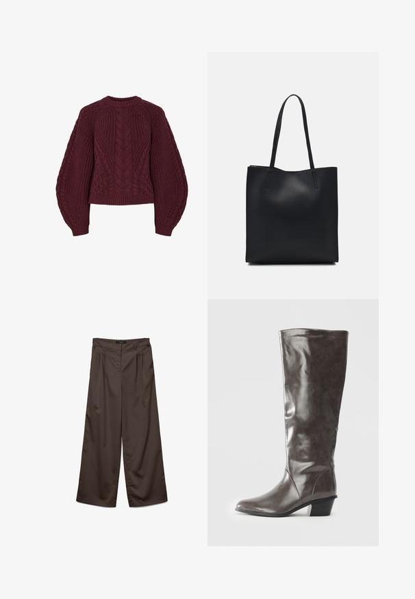 Burgunderfarget strikkegenser med teksturerte kabelmønstre, rund hals og puffede ermer. Ribbestrikkede mansjetter og hemline fremhever designet.; Vide bukser i mørkebrunt stof med en glat overflade. Funktioner omfatter plisseringer foran og en standard talje.; Høye dames mørke grå skinnstøvler med mellomhæl og rund tå, vist fra siden mot en hvit bakgrunn.; Svart lær tote bag med glatt tekstur, rektangulær form og to lange håndtak. Ingen synlige deler eller dekorasjoner.