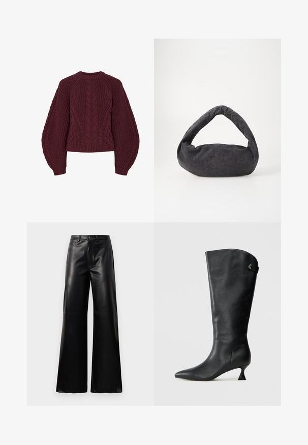 Sweater de malha cor bordeaux com padrões de cabos texturizados, decote redondo e mangas bufantes. Punhos e bainha canelados acentuam o design.; Calças largas de imitação de couro pretas, de cintura alta, com botão frontal, fecho de correr, passadores de cinto e bolsos laterais sobre fundo branco.; Bota de couro preta, até ao joelho, com bico afinado, salto fino e um detalhe de tira perto do topo. Textura suave e design minimalista.; Saco de tecido cinza escuro com uma alça curva, textura suave e forma arredondada. Sem hardware ou adornos visíveis.