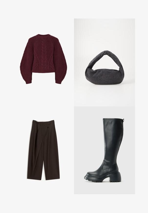 Bordeaux gebreide trui met textuur kabelpatronen, ronde hals en opgeblazen mouwen. Ribboorden bij de cuffs en de zoom accentueren het ontwerp.; Donkere bruin wijde broek met een hoge taille, voorzien van een enkele knoopsluiting en een geplooide voorkant. Gemaakt van lichtgewicht stof.; Hoge zwarte leren laars met een chunky plateauzool en blokhak, voorzien van een trekband en een gestructureerd profiel op de buitenzool.; Donkergrijze stoffen tas met een gebogen handvat, zachte textuur en ronde vorm. Geen zichtbare hardware of versieringen.
