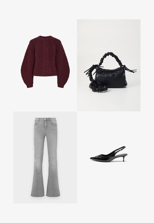 Burgunderfarget strikkegenser med teksturerte kabelmønstre, rund hals og puffede ermer. Ribbestrikkede mansjetter og hemline fremhever designet.; Grå utsvingte jeans laget av denim, med et klassisk fem-lomme design, glidelås foran, og subtile falmende detaljer langs bena.; Sorte skinnert remsandaler med spiss tå, liten kittenhæl og en dekorativ knute detalj foran. Glatt tekstur gjennom hele.; Svart faux skinn-håndveske med krokodilletekstur, strammet topp og en rynket stropp. Ser myk og kompakt ut i designen.