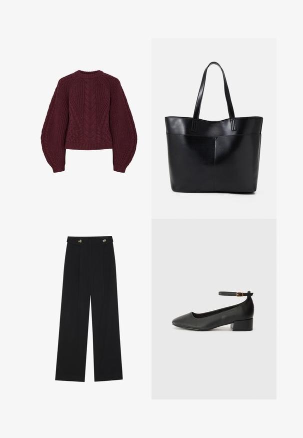 Burgunderfarbener Strickpullover mit strukturierten Zopfmustern, Rundhalsausschnitt und Puffärmeln. Gerippte Bündchen und Saum betonen das Design.; Schwarze weite Hosen mit hoher Taille, Knopfdetails am Bund und vorderen Falten.; Schwarze Lederpumps mit spitzem Zehenbereich und niedrigem Blockabsatz. Mit einem Knöchelriemen und einer goldfarbenen Schnalle. Glatte Textur.; Schwarze Leder-Shopper-Tasche mit zwei langen Griffen, einer glatten Textur und einer strukturierten Form. Verfügt über eine Vordertasche für zusätzlichen Stauraum.