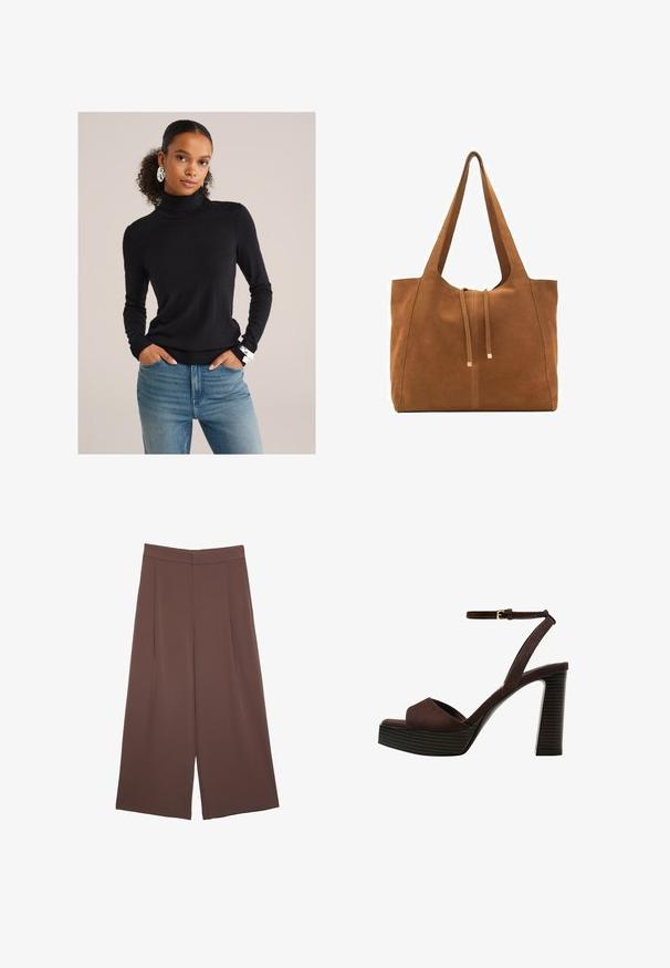 Ženska s kodrastimi lasmi v črnem puloverju z visokim ovratnikom in modrih kavbojskih hlačah, z velikimi srebrnimi uhani in srebrno zapestnico, roke v žepih.; Rjave široke hlače z gladko teksturo, ki imajo visok pas in sprednje naborke. Tkanina je lahka in prosto pada.; Rjave semiš sandale z visoko peto, odprto spredaj, z nastavljivim gležnjenjem in črtastim podplatom.; Rjava semiš torba z dvema dolgima ročajema, z vrvico za zapiranje in minimalističnim dizajnom. Gladka tekstura in brez vidnih kovinskih dodatkov.