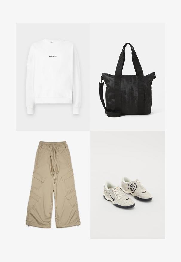 Sudadera blanca con cuello redondo y mangas largas. En el frente muestra un logo negro "PEGADOR" en el centro. Textura de tela suave.; Pantalones cargo beige con cintura ajustable, múltiples bolsillos laterales y un corte relajado. Hechos de una tela ligera y suave con detalles de costura.; Zapatillas Nike con un upper texturizado en beige y gris, acentos negros, un gran logo de "90" y un cierre de cordones blancos. Suela negra.; Bolsa tote negra con tejido texturizado, asas superiores dobles y una correa de hombro desmontable. Cuenta con un cierre con cremallera para un almacenamiento seguro.