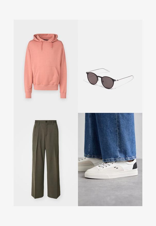 Felpa rosa con cappuccio, tasca frontale e polsini a coste. Tessuto morbido con finitura testurizzata, dotata di lacci e vestibilità comoda.; T-shirt in cotone nero con scollatura rotonda, maniche corte e logo "EMPORIO ARMANI" in bianco sopra "Milano" in una disposizione curva.; Filippa K WIDE TROUSERS - Pantaloni - driftwood; Sneaker bianche e nere con parte superiore in pelle liscia, dettagli testurizzati e suola bianca spessa. Presentano un classico design con lacci.; Occhiali da sole neri rotondi con lenti scure e sottili bracci in metallo. Include punte trasparenti e accenti argentati alla cerniera. Design minimalista.