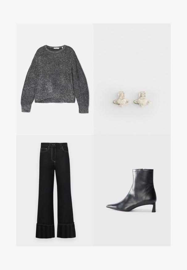 Pull noir pailleté à coupe décontractée, col rond et manches longues. Fabriqué en fil doux avec une finition texturée et brillante.; Pantalons évasés noirs en denim avec des coutures blanches contrastantes et un accent en tissu rayé à l'ourlet. Comprend des poches avant.; Bottine en cuir noir avec un bout pointu et un design épuré. Présente un petit talon et une fermeture éclair à l'arrière. Texture lisse.; Boucles d'oreilles en argent avec un design en forme de cœur entouré d'un anneau, orné de petites pierres claires et d'un accent croisé détaillé.