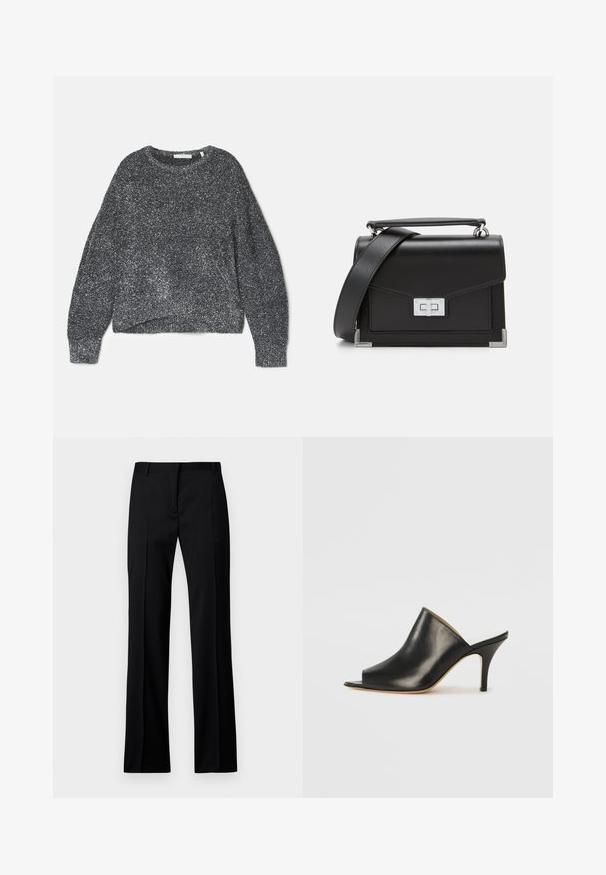 Pull noir pailleté à coupe décontractée, col rond et manches longues. Fabriqué en fil doux avec une finition texturée et brillante.; Pantalons noirs à jambe droite en tissu lisse, avec un devant plat, des passants de ceinture et sans poches visibles ni embellissements.; Mule ouverte en cuir noir avec un design élégant et courbé, un talon aiguille haut et une texture lisse. L'intérieur présente une couleur claire contrastante.; Sac à main en cuir noir avec quincaillerie en argent, design structuré, fermeture magnétique et bandoulière amovible. Accents texturés aux coins.