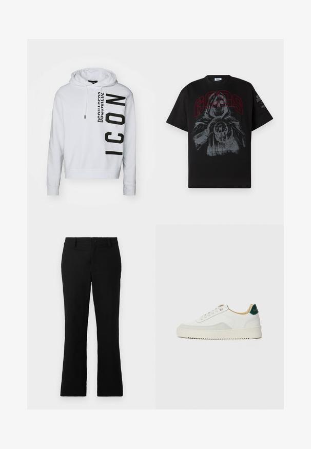 Hoodie blanc en tissu doux, arborant un imprimé vertical noir avec le texte "Dsquared2" et "ICON". Capuche avec cordon de serrage et poignets côtelés.; T-shirt en coton noir avec un grand imprimé graphique d'une silhouette encapuchonnée tenant un ballon avec "GCDS" en rouge, à manches courtes et col rond.; Pantalons évasés noirs en tissu mélangé coton, dotés d'une fermeture à bouton, de passants de ceinture et d'une texture lisse sans motifs visibles.; Baskets blanches avec des accents en daim, bout arrondi, lacets plats et semelle en caoutchouc crème. Présente une marque verte sur le talon.