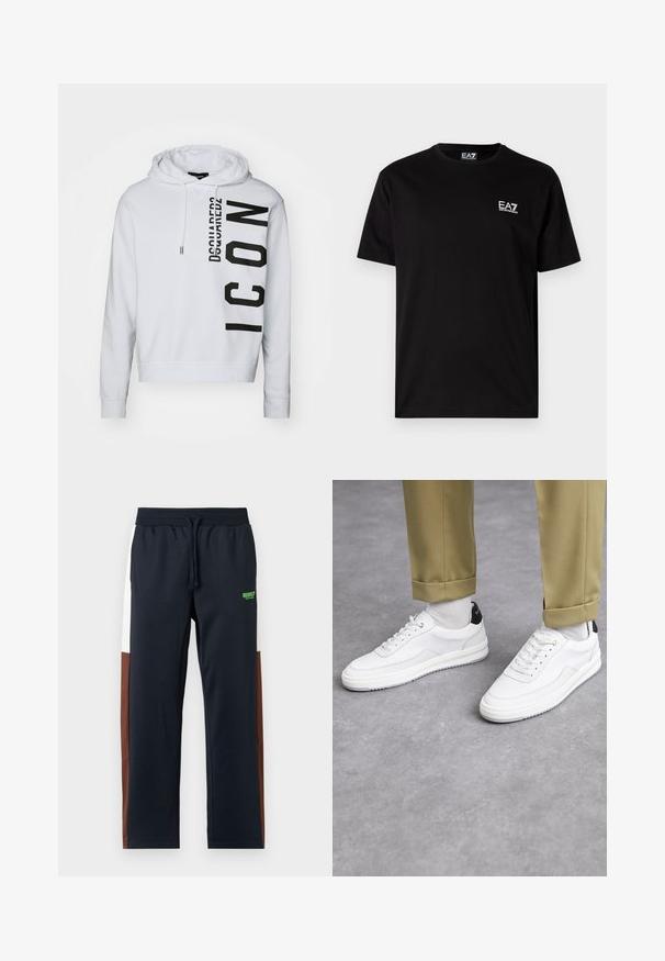 Weißer Hoodie aus weichem Stoff, mit einem schwarzen vertikalen Logo-Druck, der den Text "Dsquared2" und "ICON" zeigt. Mit Kordelzugkapuze und gerippten Bündchen.; Schwarzes Baumwoll-T-Shirt mit kurzen Ärmeln, Rundhalsausschnitt und kleinem weißen EA7-Logo auf der linken Brust. Glatte Textur, normale Passform.; Navyblaue Sweatpants mit weißen und braunen Seitenpanelen, elastischem Bund, Kordelzug und einem grünen Logo an der Hüfte. Weiches, glattes Material.; Weiße Sneakers mit einer strukturierten Lederoberfläche, abgerundeter Zehenpartie und schwarzem Fersenakzent. Gummisohle mit kleinem Profilmuster und genähten Details.