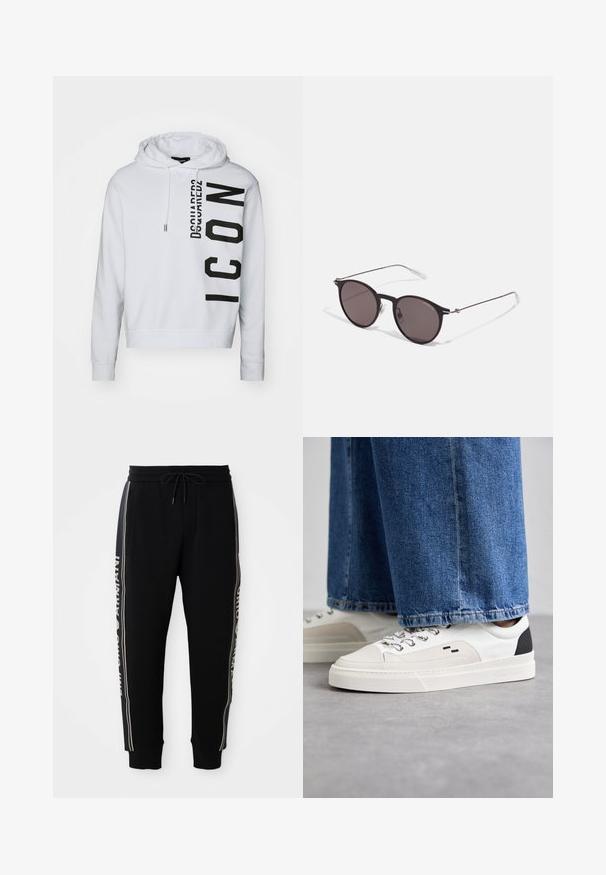 White hoodie made of soft fabric, featuring a black vertical logo print with "Dsquared2" and "ICON" text. Drawstring hood and ribbed cuffs.; Black cotton T-shirt featuring a round neckline, short sleeves, and "EMPORIO ARMANI" logo in white above "Milano" in a curved design.; Black jogger pants with elastic waistband, drawstring, side pockets, ribbed cuffs, and white "Emporio Armani" text along side stripes.; White and black sneakers with a smooth leather upper, textured accents, and a chunky white sole. Features a classic lace-up design.; Black round sunglasses with dark lenses and slim metal arms. Includes clear temple tips and silver accents at the hinge. Minimalist design.