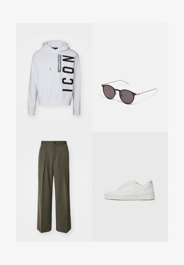 Balta džemperis su švelnia medžiaga, turintis juodą vertikalų logotipą su "Dsquared2" ir "ICON" tekstu. Su raišteliu reguliuojama kapulė ir raukšlėtos rankogaliai.; Juodas medvilninis marškinėliai su apvaliu iškirpu, trumpomis rankovėmis ir baltu "EMPORIO ARMANI" logotipu virš "Milano" kreivame dizaino.; Filippa K WIDE TROUSERS - Kelnės - driftwood; Balti odiniai sportiniai bateliai su lygia apdaila, apvaliu pirštu, plokščiais raišteliais ir tekstūruotu padu. Pasižymi subtiliu logotipu ant kulno.; Juodos apvalios saulės akinių su tamsiais lęšiais ir plonomis metalinėmis šakomis. Įtraukti skaidrūs šventyklų galai ir sidabriniai akcentai vyrio srityje. Minimalistinis dizainas.