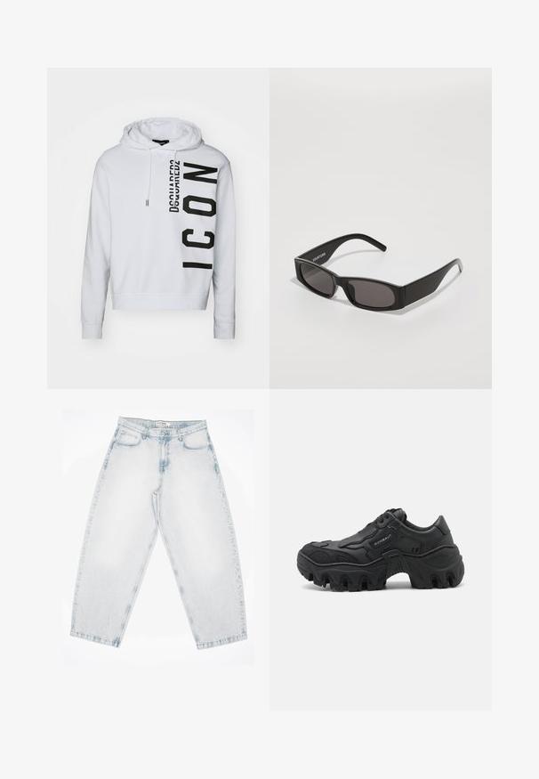 Hoodie blanc en tissu doux, arborant un imprimé vertical noir avec le texte "Dsquared2" et "ICON". Capuche avec cordon de serrage et poignets côtelés.; Jeans en denim bleu clair avec une coupe ample et décontractée. Comprend cinq poches, une fermeture à bouton et des détails cousus. Texture décolorée et jambes droites.; Baskets noires épaisses avec une semelle crantée épaisse, des superpositions latérales texturées, un laçage à l'avant et le nom de la marque "ROMBAUT" sur le panneau latéral.; Lunettes de soleil rectangulaires noires avec des verres sombres, une monture en plastique lisse et un logo subtil sur la tige gauche. Design minimaliste.