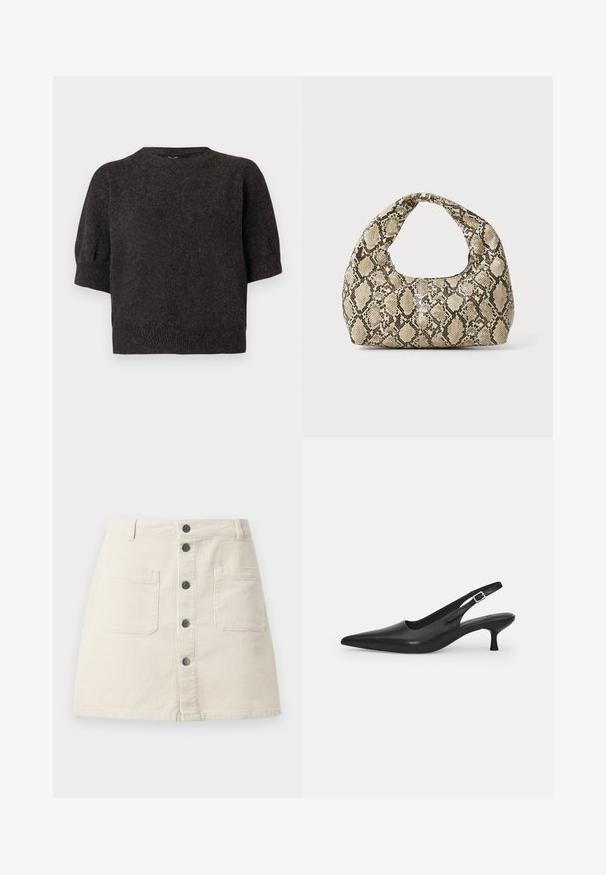 Tummanharmaa lyhythihainen neulepaita, jossa on neulottu pinta, kudottu helma, pyöreä kaula-aukko ja hieman puffatut hihat, valmistettu pehmeästä ja mukavasta kankaasta.; Beige corduroy minihame, jossa on edessä napitus, kaksi suurta läpätaskua ja vyölenkit vyötäröllä.; Mustan nahkainen slingback-kengät, joissa on terävä nenä ja kapea, kaareva korko. Varustettu huomaamattomalla säädettävällä hihnalla, jossa on metallinen solki.; Käärmeennahkakuosiset käsilaukku, jossa on kaareva kahva. Tehty teksturoiduista beigeistä ja ruskeista materiaaleista, joissa on erottuva timanttikuvio.