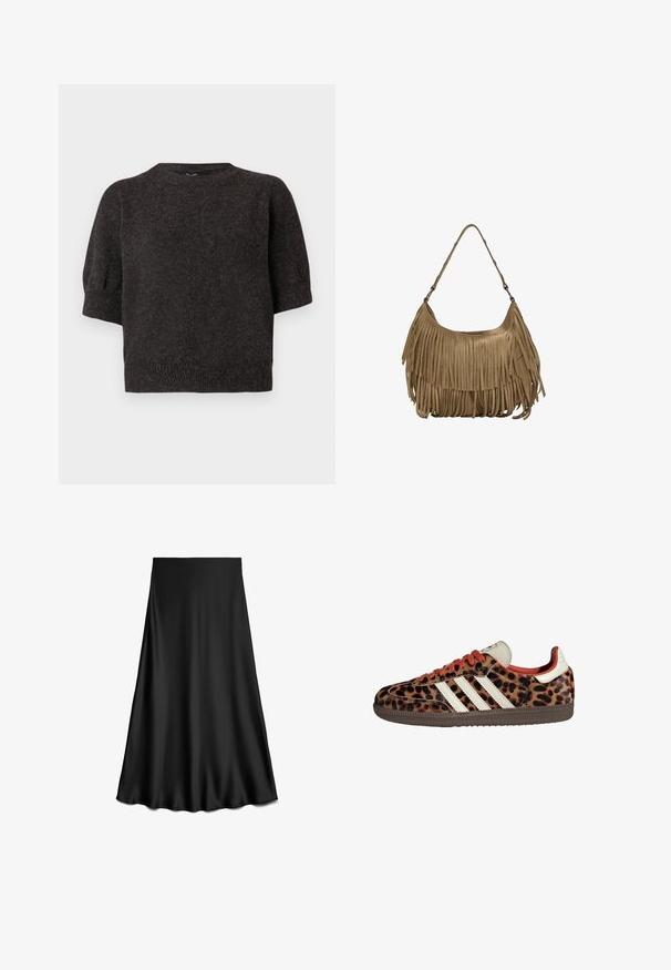 Donkergrijze korte mouwen trui, gebreide textuur, geribde zoom, ronde halslijn en licht opgeblazen mouwen, gemaakt van een zachte, comfortabele stof.; Zwarte satijnen A-lijnrok met een gladde textuur, knielengte, met een eenvoudig, strak ontwerp zonder versieringen of patronen.; Leopardprint sneakers van suède met rode veters en drie witte strepen aan de zijkant. Bevat een crèmekleurige tong en een bruine zool.; Bruine suède handtas met lange franjes, een gebogen vorm en een enkele schouderband. Heeft een gladde, gestructureerde oppervlakte.