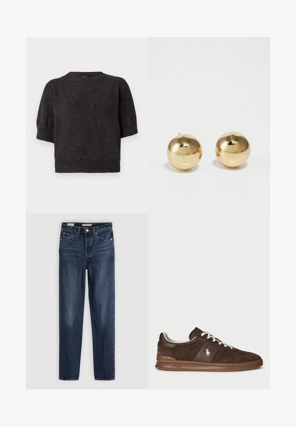 Tmavošedý krátky sveter s krátkymi rukávmi, pletená textúra, rebrovaný lem, okrúhly výstrih a mierne puffové rukávy, vyrobený z mäkkého a útulného materiálu.; Tmavomodré džíny so rovnými nohavicami, piatimi vreckami, zapínaním na gombík a zips, a kontrastným prešívaním.; Hnedé semišové tenisky s textúrovanými panelmi, bielymi šnúrkami a zlatým logom. Obsahujú gumovú podrážku a polstrovaný golier pre pohodlie.; Zlaté guľaté náušnice na puzetu s lesklým povrchom a malým postranným zapínaním. Majú hladkú textúru a reflexný povrch.