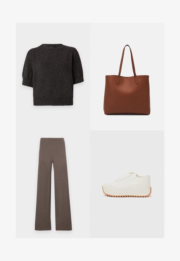 Dunkelgrauer Kurzarmpullover, gestrickte Textur, gerippter Saum, runder Halsausschnitt und leicht gepuffte Ärmel, aus einem weichen, gemütlichen Stoff.; Gerippte Wide-Leg-Hose in Dunkelbraun, mit elastischem Bund und weichem, strukturiertem Stoff.; Weiße Leinenschuhe mit runder Zehenpartie, sechs Ösen und einer dicken, beigen, gezackten Sohle. Verfügt über schlichte, gestickte Akzente und eine strukturierte Oberseite.; Braune Leder-Tote mit glatter Textur, offenem Oberteil und zwei Schulterriemen. Verfügt über minimale Nähte und keine sichtbaren Beschläge.