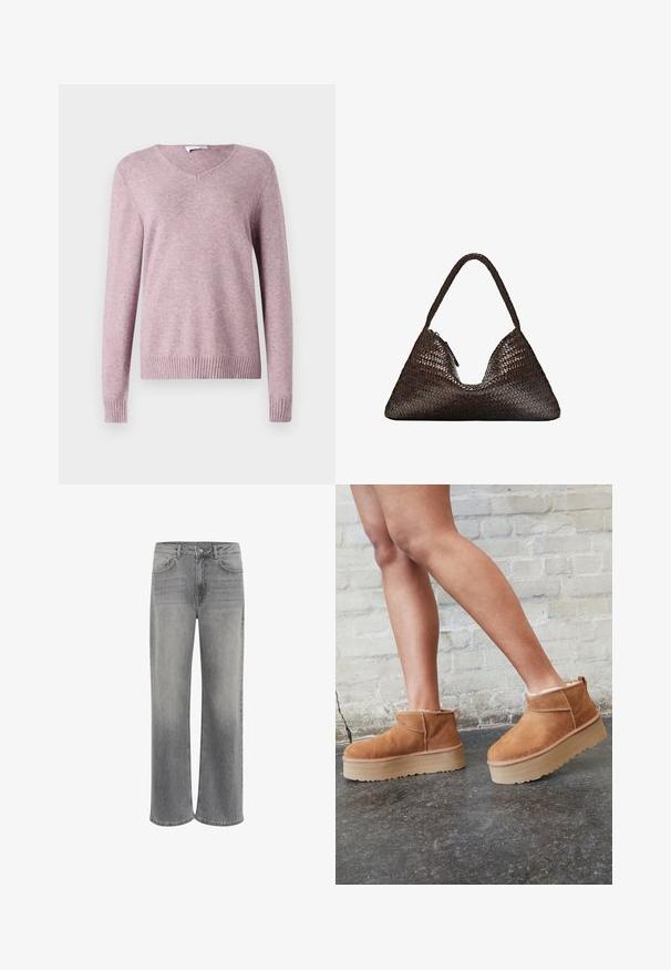 VILA VIRIL mauve; Biała koszulka z krótkim rękawem, wykonana z bawełny. Posiada okrągły dekolt i luźny krój. Gładka faktura bez widocznych wzorów czy akcentów.; Jeans w szerokich nogawkach w szarym dżinsie, z wysokim stanem, pięcioma kieszeniami, zapięciem na guziki z przodu oraz delikatnym wyblakaniem materiału.; Brązowe zamszowe botki sięgające kostki z puszystą wyściółką, grubą beżową platformą oraz tylną pętelką. Teksturowana powierzchnia z widocznymi detalami zszycia.; Ciemnobrązowa trójkątna pleciona skórzana torebka z pojedynczą splecioną rączką i widocznym suwakiem po jednej stronie.