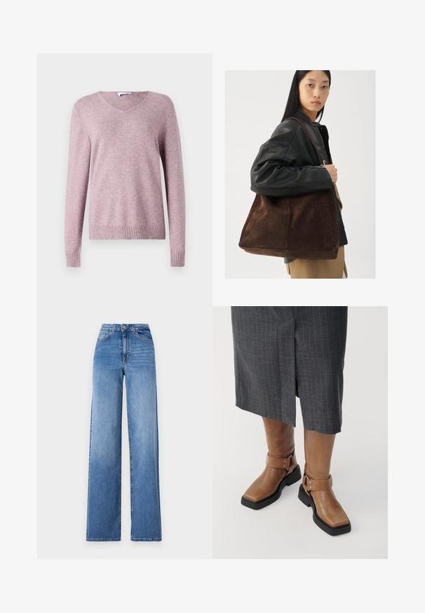 VILA VIRIL V NECK - Džemperis - toadstool; Šviesiai mėlynos plačių kojų džinsai, pagaminti iš džinsinio audinio, su aukštu liemeniu, priekinėmis kišenėmis ir standartiniu mygtuko uždarymu. Lygus paviršius.; Rudi odai odžemkrautės su kvadratiniais pirštais, juodu gumuotu padu ir reguliuojamu sagties akcentu. Dėvimi su pilka smailiu juostelių sijonu.; Rudos aksomo pintinės krepšys su plačia forma ir minkšta tekstūra, turintis vieną dirželį ir minimalų furnitūrą prieš neutralią fono spalvą.