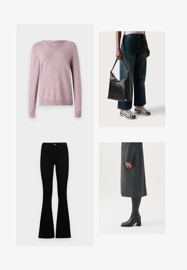 VILA VIRIL L/S V-NECK TOP - Camisola - toadstool; Jeans pretos em corte flared feitos de denim. Apresentam um fecho de botão, cinco bolsos e uma textura suave. A perna flared começa abaixo do joelho.; Casaco cinza, ajustado, com corte reto; combinado com botas de couro pretas até ao joelho, com biqueira quadrada e salto grosso.; Bolsa de ombro em couro preto com textura suave e alça ajustável, combinada com jeans de perna larga desbotados e ténis desportivos.