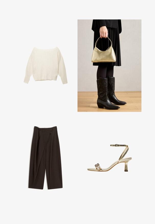 Pulover crem, cu umerii goi, cu tiv cu nervuri și mâneci lungi, largi. Textură moale, croială relaxată. Design simplu, minimalist.; Pantaloni largi de culoare maron închis, cu talie înaltă, având închiere cu un singur nasture și un față pliată. Confectionați dintr-un material ușor.; Sandală aurie metalică cu toc înalt, curea la gleznă, două benzi înguste în față și toc pătrat. Are embellishments decorative.; Geantă texturată aurie cu o formă curbată și mânere scurte, ținută de o persoană care poartă o fustă plisată neagră și cizme cowboy negre din piele.