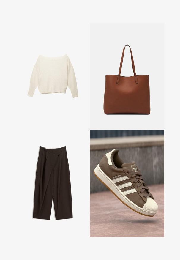 Krém színű, vállringató pulóver bordázott szegéllyel és hosszú, széles ujjakkal. Puha tapintás, laza fazon. Egyszerű, minimalista dizájn.; Sötétbarna, bő szárú nadrág magas derékkal, egyetlen gombos záródással és redős elülső résszel. Könnyű anyagból készült.; Barna velúr sportcipő fehér csíkokkal, krém színű kiegészítőkkel és gumis orral. Csipkés kialakítással és texturált gumi talppal rendelkezik.; Barna bőr vászontáska sima textúrával, nyitott tetejű dizájnnal és két vállpánttal. Minimális varrással és látható hardver nélkül készült.