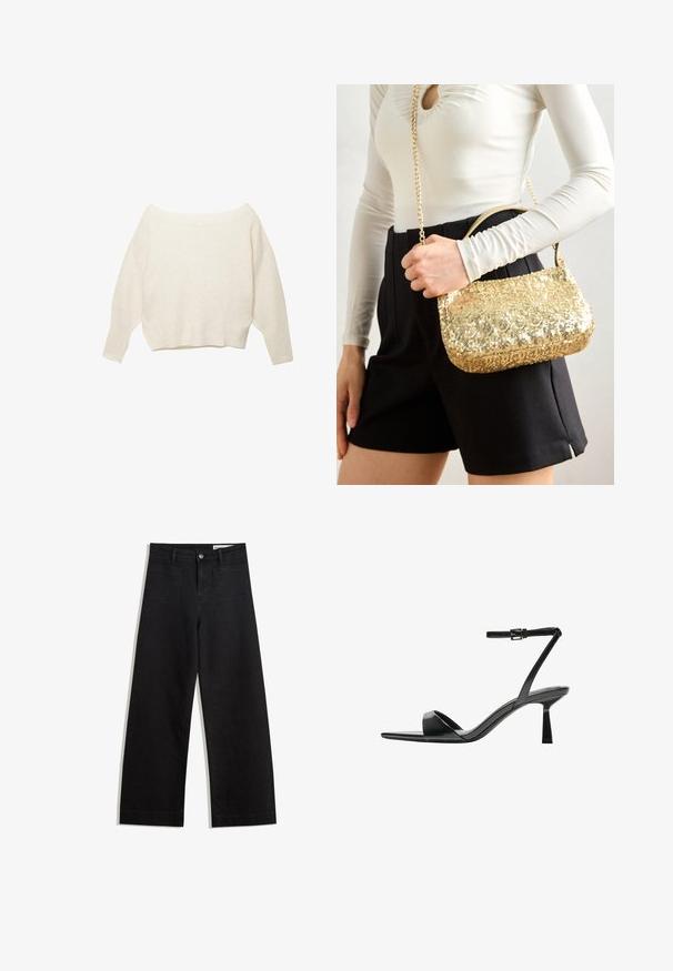 Kremowy sweter bez ramiączek z prążkowanym dołem oraz długimi, szerokimi rękawami. Miękka faktura, luźny krój. Prosty, minimalistyczny design.; Czarne dżinsowe spodnie o szerokich nogawkach i wysokim stanie, z przednimi i tylnymi kieszeniami, przeszyciami oraz zapięciem na guziki. Gładka struktura.; Bershka - Sandały na obcasie; Złota torebka z cekinami o prostokątnym kształcie, z krótkim uchwytem i długim łańcuszkiem. Tekstura jest błyszcząca i odbijająca światło.