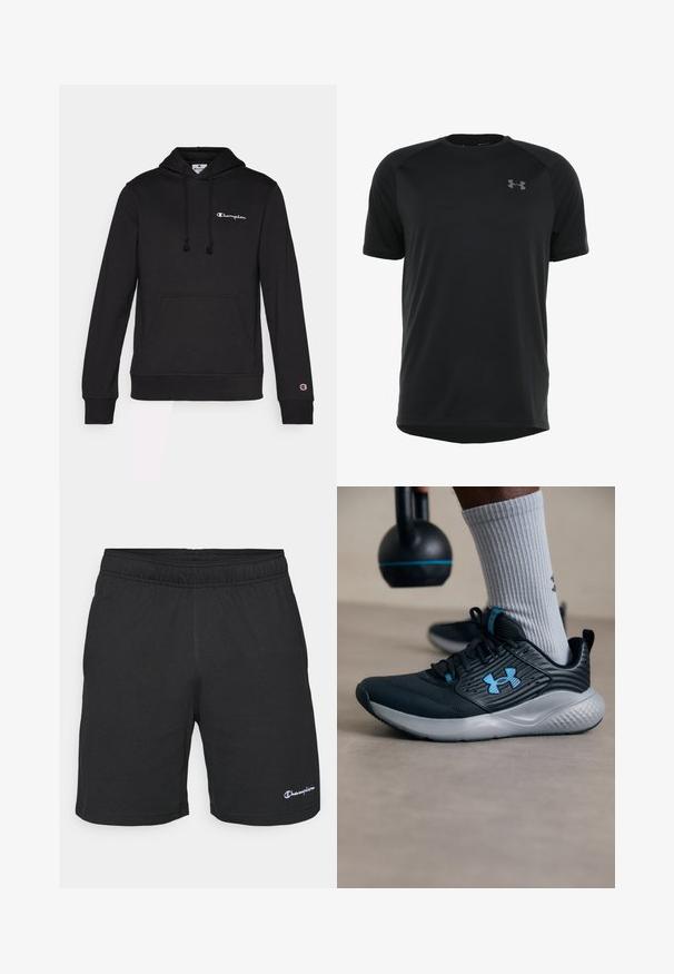 Felpa nera con cappuccio realizzata in morbido misto cotone, con tasca frontale, cappuccio regolabile con cordino e logo Champion ricamato in bianco.; Maglietta atletica nera a maniche corte realizzata in tessuto morbido e leggero. Presenta un collo rotondo e un logo discreto sul petto.; Pantaloni sportivi neri con vita elastica, realizzati in un tessuto morbido, con un piccolo logo bianco sul lato sinistro in basso.; Scarpone sportivo nero con accenti blu, tomaia testurizzata e suola grigia. Indossato con calzini grigi a costine, accanto a un kettlebell nero.