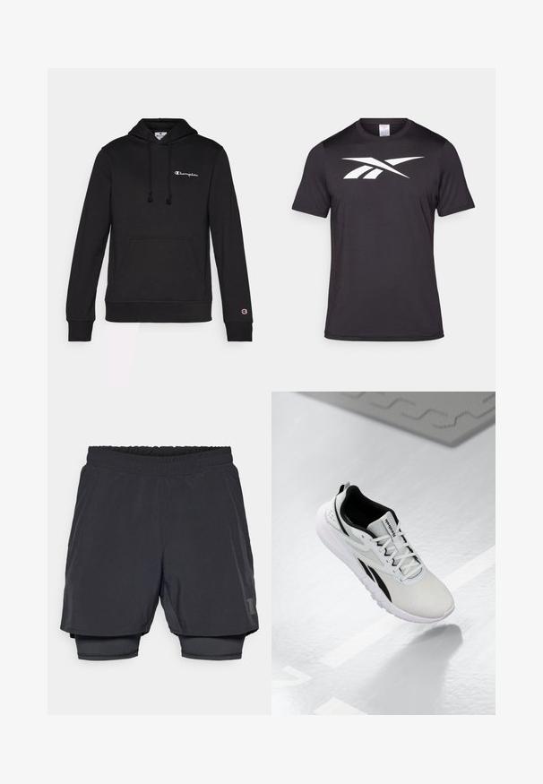 Black hoodie made from soft cotton blend, featuring a front pocket, drawstring hood, and Champion logo embroidered in white.; Black athletic t-shirt made of lightweight fabric, featuring a prominent white logo graphic on the front. Short sleeves and round neck design.; Black athletic shorts with an elastic waistband, layered design, and a fitted inner lining. Features a subtle logo on the lower side.; Light gray athletic shoe with black accents, textured mesh upper, cushioned sole, and lace-up closure. Features a heel pull tab.