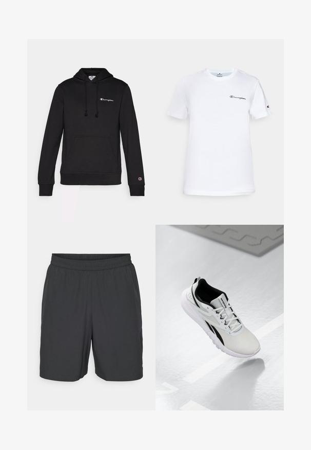 Čierna mikina s kapucňou vyrobená z jemnej zmesi bavlny, s prednou vreckom, šnúrkou na kapucni a vyšitým logom Champion v bielej farbe.; Biela bavlnená tričko s okrúhlym výstrihom, krátkymi rukávmi a čiernym vyšitým logom "Champion" na hrudi a na akcentoch rukávov.; Champion TRAINING SHORTS - Športové šortky - black; Svetlošedá športová topánka s čiernymi akcentmi, textúrovaný vrch z textilu, polstrovaná podrážka a šnurovací systém. Obsahuje pútko na päte.